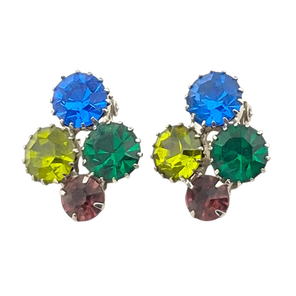 Retro 1950s Blue Green Purple Crystal Rhinestone Cluster Clip Earrings